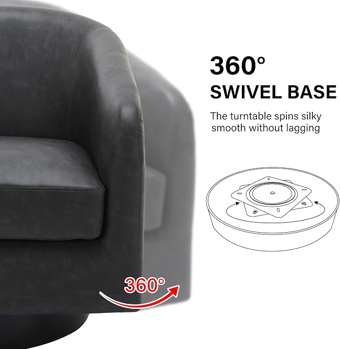 Swivel Barrel Accent Chair, Modern Round Faux Leather Arm Chair for Living Room, Bedroom, Comfy Club Reading Chairs for Adults(Faux Leather, Black Grey, Set of 2)