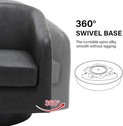 Swivel Barrel Accent Chair, Modern Round Faux Leather Arm Chair for Living Room, Bedroom, Comfy Club Reading Chairs for Adults(Faux Leather, Black Grey, Set of 2)