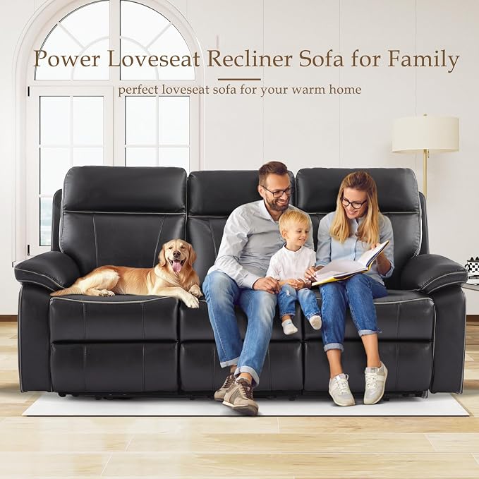 Power Reclining Sofa with Fold Down Table, Breathable Leather Electric Reclining Couch, Power Loveseat Recliner Sofa with Cup Holders/Outlets/USB-C/A Ports for Living Room (Black, 3 Seat)