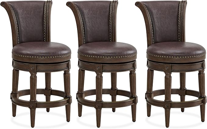 ROME + OAK Set of 3 Runyan 26" Swivel Counter Stool, Rotating High Back Barstool in Dark Walnut Finish with Vintage Brown Vegan Leather Seat