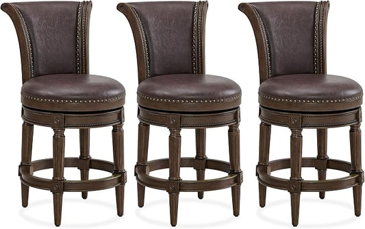ROME + OAK Set of 3 Runyan 26" Swivel Counter Stool, Rotating High Back Barstool in Dark Walnut Finish with Vintage Brown Vegan Leather Seat