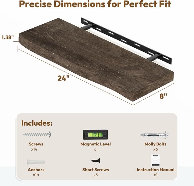 Vivelove Live Edge Floating Shelves 24 inch, Solid Elm Wood Wall Display Shelf with Invisible Bracket for Living Room Bedroom Bathroom Office, Rustic Farmhouse, 24x8x1.4 inch - Dark Walnut
