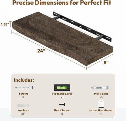 Vivelove Live Edge Floating Shelves 24 inch, Solid Elm Wood Wall Display Shelf with Invisible Bracket for Living Room Bedroom Bathroom Office, Rustic Farmhouse, 24x8x1.4 inch - Dark Walnut
