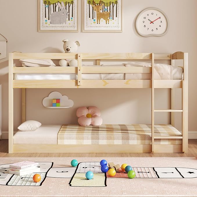 MAT EXPERT Bunk Bed Twin Over Twin, Low Wood Bunk Bed Frame w/Safety Guardrails, Ladder & Slats, Floor Platform Twin Bunk Beds for Kids Toddlers, for Dorm Bedroom, No Box Spring Needed (Natural)