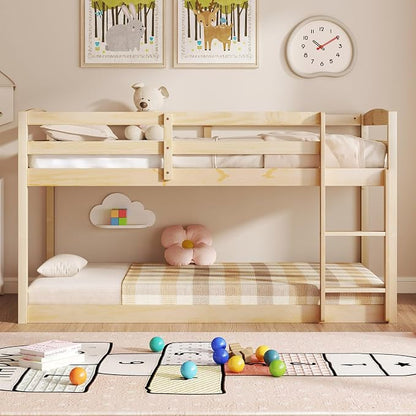 MAT EXPERT Bunk Bed Twin Over Twin, Low Wood Bunk Bed Frame w/Safety Guardrails, Ladder & Slats, Floor Platform Twin Bunk Beds for Kids Toddlers, for Dorm Bedroom, No Box Spring Needed (Natural)