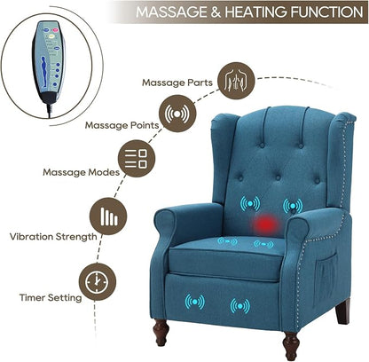 Wingback Recliner Chair with Massage and Heat Tufted Fabric Push Back Arm Chair, Recliner Chair for Living Room Bedroom Home Theater (2,Peacock Blue)