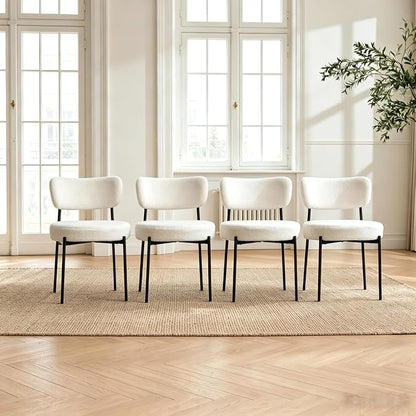 Boucle Dining Chairs Set of 4, White Mid Century Modern Kitchen Dining Room Chairs with Curved Backrest and Metal Frame, Round Upholstered Dining Chairs for Kitchen, Living Room
