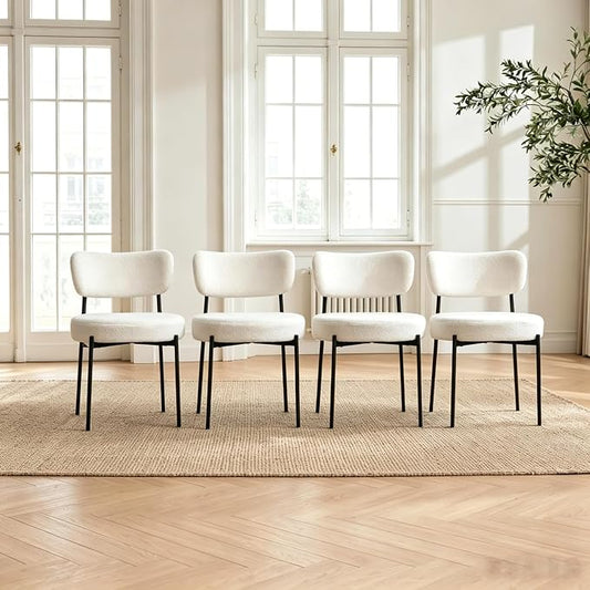 Boucle Dining Chairs Set of 4, White Mid Century Modern Kitchen Dining Room Chairs with Curved Backrest and Metal Frame, Round Upholstered Dining Chairs for Kitchen, Living Room