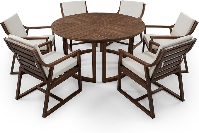 Quarte 7-Piece Patio Dining Table Set, Round Dining Table with 1.96" Umbrella Hole, Outdoor Wooden Patio Furniture Set for Garden, Backyard and Pools (Mocha-7)