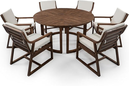 Quarte 7-Piece Patio Dining Table Set, Round Dining Table with 1.96" Umbrella Hole, Outdoor Wooden Patio Furniture Set for Garden, Backyard and Pools (Mocha-7)