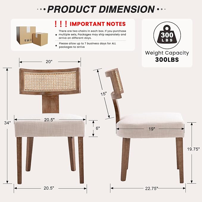 HNY Mid Century Modern Rattan Dining Chairs Set of 6, Linen Upholstered Kitchen & Dining Room Chairs with Ergonomic Curved Back, Solid Wood Frame, Farmhouse Accent Chairs for Home, Apartment, Beige