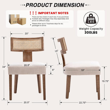 HNY Mid Century Modern Rattan Dining Chairs Set of 4, Linen Upholstered Kitchen & Dining Room Chairs with Ergonomic Curved Back, Solid Wood Frame, Farmhouse Accent Chairs for Home, Apartment, Beige