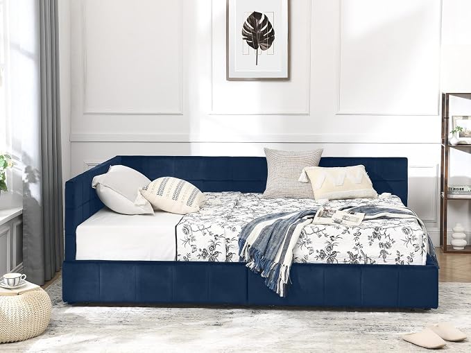 KEIKI Full Size L Shape Corner Bed Frames with 2 Storage Drawer, Backrest and Armrests, Velvet Upholstered Sofa Daybed for Small Room, Living Room, Bedroom, Guest Room, Kids' Room