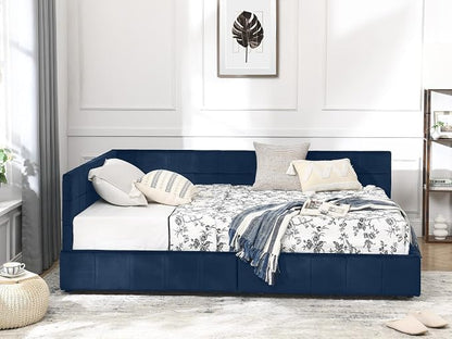 KEIKI Full Size L Shape Corner Bed Frames with 2 Storage Drawer, Backrest and Armrests, Velvet Upholstered Sofa Daybed for Small Room, Living Room, Bedroom, Guest Room, Kids' Room