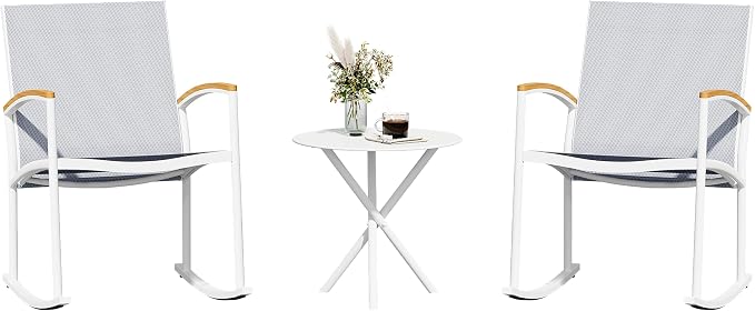 Shintenchi 3 Pieces Patio Rocking Bistro Sets,Outdoor Textilene Fabric Conversation Bistro Set,Front Porch Rocker Chairs Small Patio Furniture Set with Table for Lawn,Garden,Balcony(White)