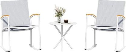 Shintenchi 3 Pieces Patio Rocking Bistro Sets,Outdoor Textilene Fabric Conversation Bistro Set,Front Porch Rocker Chairs Small Patio Furniture Set with Table for Lawn,Garden,Balcony(White)