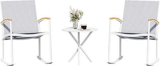Shintenchi 3 Pieces Patio Rocking Bistro Sets,Outdoor Textilene Fabric Conversation Bistro Set,Front Porch Rocker Chairs Small Patio Furniture Set with Table for Lawn,Garden,Balcony(White)