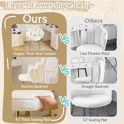VINGLI Petal Makeup Vanity Chair with Back,Flower Cute Girls Desk Chair Comfy No Wheels,Modern Dining Chair,Small Accent Chair with Adustable Gold Legs&Bow Pillow for Home Office,Bedroom,Velvet,White