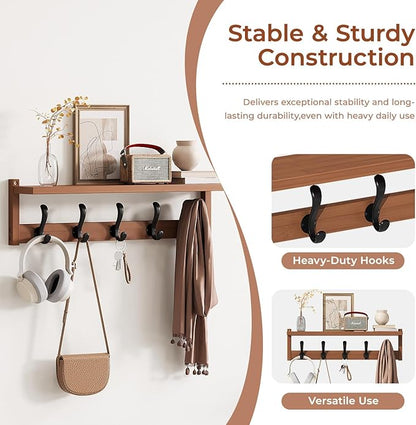 27.6" Bamboo Shoe Bench with Cushion, 5 Hooks Coat Rack, 2-Tier Storage Bench for Entryway, Heavy Duty Shoe Rack Organizer with Removable Soft Cushion for Living Room Bedroom Hallway