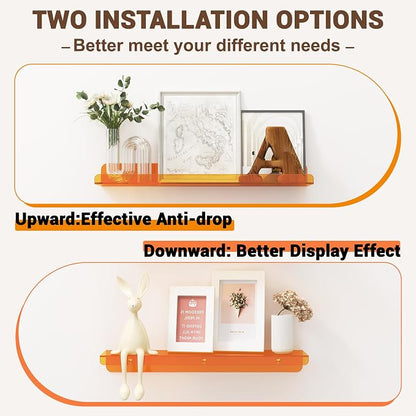 Qukaka Floating Shelves for Wall Decor, 15" Wall Shelves for Bedroom, Living Room, Kitchen, Bathroom Decor, Nail Polish/Book/Decoration/Makeup/Perfume Organizer Floating Shelf-3Pack Clear Orange