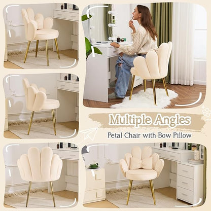 VINGLI Petal Makeup Vanity Chair with Back,Flower Cute Girls Desk Chair Comfy No Wheels,Modern Dining Chair,Small Accent Chair with Adustable Gold Legs&Bow Pillow for Home Office,Bedroom,Velvet,Beige