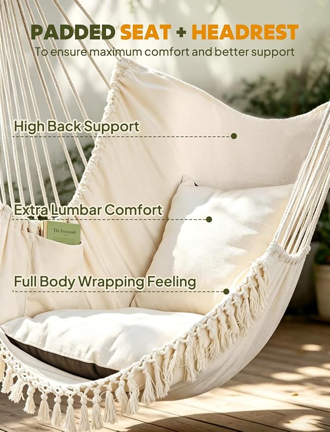 Chihee Hammock Chair Hanging Swing Max 500 Lbs 2 Cushions Included Metal Spreader Bar with Anti-Slip Grooves Portable Hanging Chair Side Pocket Large Macrame Bohemian Chair Indoor Outdoor