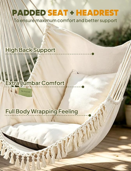 Chihee Hammock Chair Hanging Swing Max 500 Lbs 2 Cushions Included Metal Spreader Bar with Anti-Slip Grooves Portable Hanging Chair Side Pocket Large Macrame Bohemian Chair Indoor Outdoor