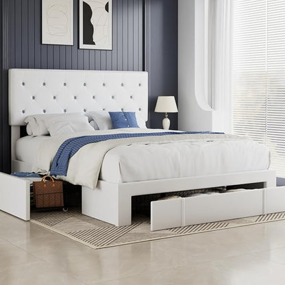 VECELO Queen Size Bed Frame with 3 Storage Drawers, Leather Upholstered with Diamond Tufted Headboard, Solid Wood Slat Support & Steel Framework, PU & White