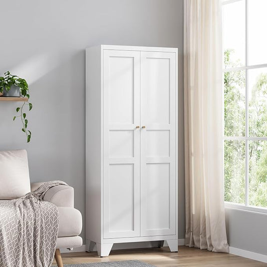 Yizosh Metal Storage Cabinet with 2 Doors and 4 Adjustable Shelves - 71" White Kitchen Pantry Storage 4-Tier Tall Steel Cabinets Locker for Kitchen, Living Room, Dining Room