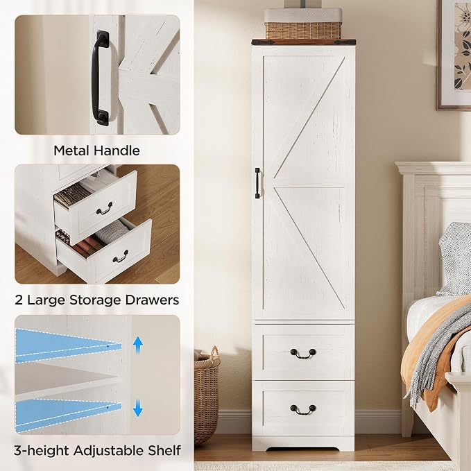 Vabches 71” Tall Farmhouse Armoire Wardrobe Closet, Rustic Narrow Wooden Cabinet for Clothing with Single Door (Reversible Hinge), 2 Large Storage Drawers, Hanging Rod & Adjustable Shelf