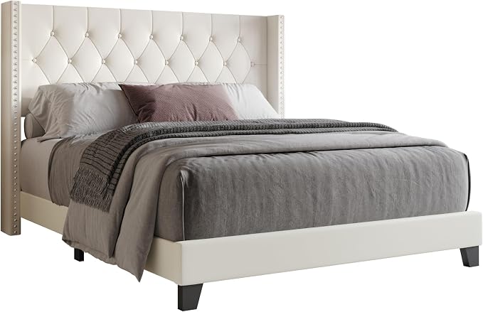 HOME DESIGN Homer Twin Tufted Wingback Upholstered Panel Bed with 2 Matching 1 Drawer Nightstands, Bedroom Furniture Set with Open Shelf Storage, Light Beige Black