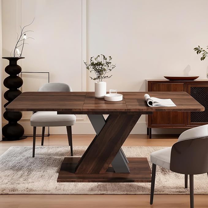 Extendable Dining Table for 4-8 People,55.12''-70.87''Modern Space-Saving Wood Kitchen Table,Rectangle Folding Conference Meeting Table for Living Meeting Room Kitchen,Walnut