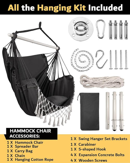 MIZTLI Hammock Chair Hanging Chair Swing Chair XXL Large Macrame Swing Indoor Hammock for Bedroom - Max 500 Lbs - All Hanging Kit Included