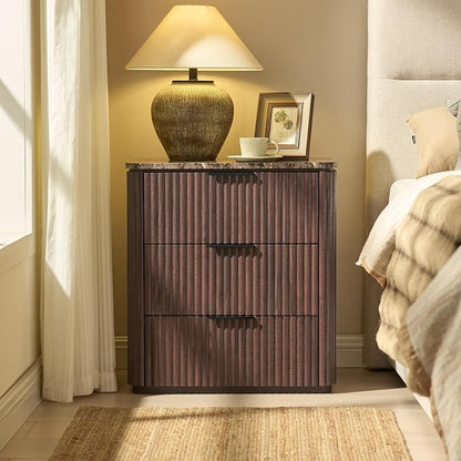 Fluted Nightstand with Faux Marble Top, Modern Bedside Table | FSC-Certified Engineered Wood, 25" H, 3 Drawers, Rounded Corner, Metal Handle, for Bedroom, Dark Oak