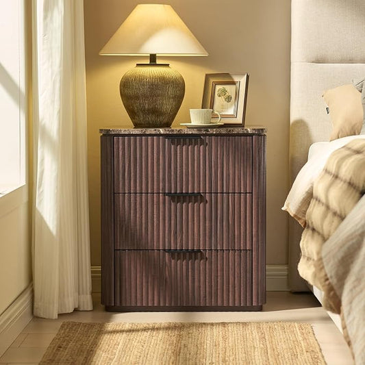 Fluted Nightstand with Faux Marble Top, Modern Bedside Table | FSC-Certified Engineered Wood, 25" H, 3 Drawers, Rounded Corner, Metal Handle, for Bedroom, Dark Oak