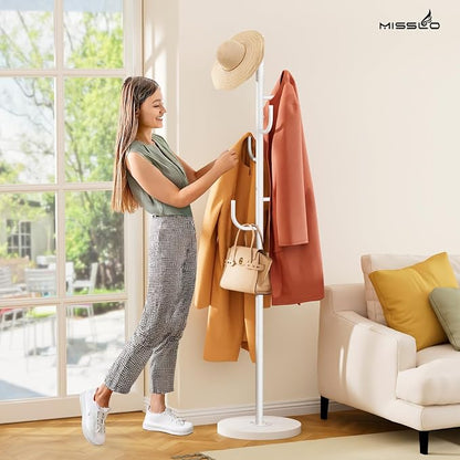 MISSLO Heavy Duty Coat Rack Freestanding 4 Adjustable Size Coat Tree with Stable Wood Base Coat Hanger Stand with 6 Hooks Standing Clothes Tree for Bedroom, White