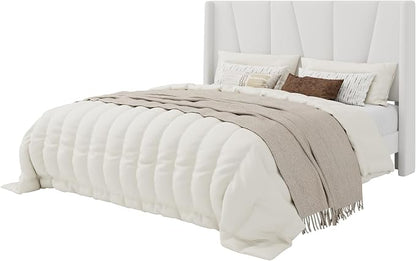 SHA CERLIN Queen Size Velvet Bed Frame with Geometric Wingback Headboard, Upholstered Platform Bed with Wooden Slats Support, 8" Under-Bed Space, No Box Spring Needed, Easy Assembly, White