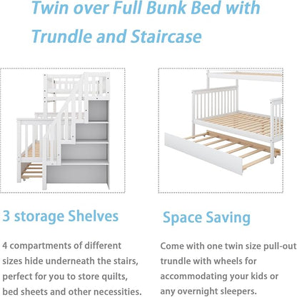MERITLINE Twin Over Full Bunk Bed with Trundle, Storage Staircase,Solid Wood Bunk Bed with Storage Stairs Box and Guardrail, No Spring Box Needed (White)