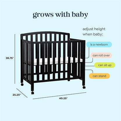 Davinci Dylan 3-in-1 Convertible Portable Mini Crib, Ebony | GREENGUARD Gold Certified - Folding Baby Crib With Wheels, 4 Adjustable Mattress Heights, Conversion Kit Sold Separately