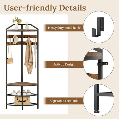GiftGo Corner Hall Tree with Shoe Bench Entryway Coat Rack with 10 Metal Movable Hooks Floor Standing Clothes Rack Shoes Shelf Organizer for Home Office Bedroom (Rustic Brown)