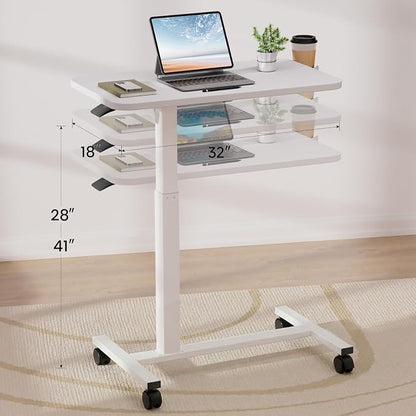 GTPLAYER Small Standing Desk with Lockable Wheels, Pneumatic Mobile Rolling Laptop Desk,Adjustable Height Overbed Bedside Table Computer Workstation for Home Office (32" W x 18" D, White)