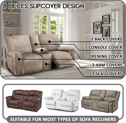 ULTICOR Reclining LoveSeat with Middle Console Slipcover, 8-Piece Velvet Stretch Loveseat Reclining Sofa Covers, 2 seat Love seat Recliner Cover, Thick, Soft, Washable, Love seat Slipcovers (Taupe)