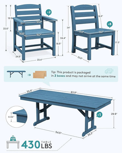 SERWALL 10 Piece 84" HDPE Outdoor Dining Set for 8 with 6 Armless Chair, 2 Armchairs and Umbrella, Navy