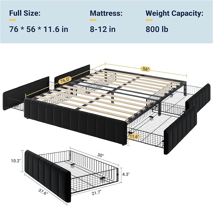 Allewie Full Size Platform Bed Frame with 4 Large Storage Drawers, Velvet Vertical Channel Tufted Upholstered Bed Base, Wooden Slats Support, Noise-Free, No Box Spring Needed, Easy Assembly, Black
