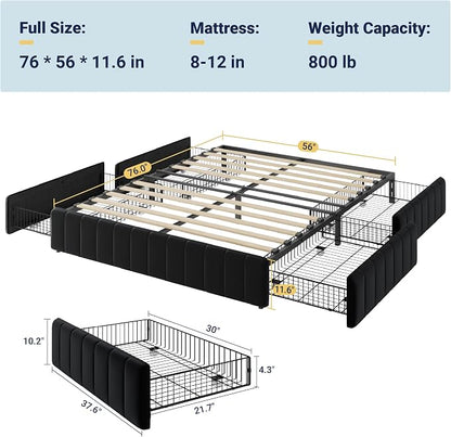 Allewie Full Size Platform Bed Frame with 4 Large Storage Drawers, Velvet Vertical Channel Tufted Upholstered Bed Base, Wooden Slats Support, Noise-Free, No Box Spring Needed, Easy Assembly, Black