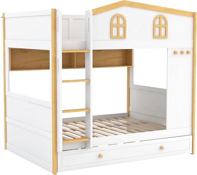 Bellemave Bunk beds Full Over Full with Twin Size Trundle, Low bunk Bed for Kids Adults and Teenagers，White