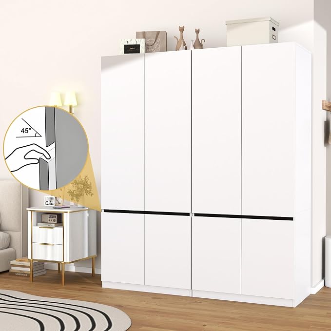 White Armoire Wardrobe Closet: 74" Wooden Wardrobe Closet with 4 Doors, Bedroom Armoires with Hanging Rod, Tall Closets Cabinet for Hanging Clothes (63")