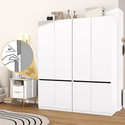 White Armoire Wardrobe Closet: 74" Wooden Wardrobe Closet with 4 Doors, Bedroom Armoires with Hanging Rod, Tall Closets Cabinet for Hanging Clothes (63")