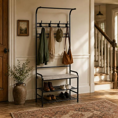 OUTLANE Hall Tree Shoe Bench for Entryway, Hall Tree with Bench and Shoe Storage, 4-in-1 Coat Rack Storage Bench with 8 Hooks, Freestanding Entryway Organizer for Hallway, Bedroom, Small Spaces, Grey