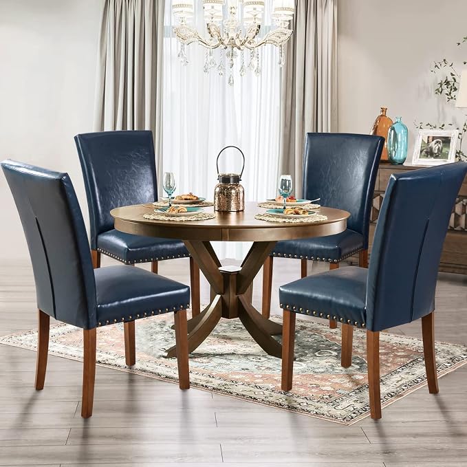 Parsons Dining Chairs Set of 2, Upholstered Nailhead PU Leather Dining Room Kitchen Side Chair with Thick Cushions and Wood Legs, Blue